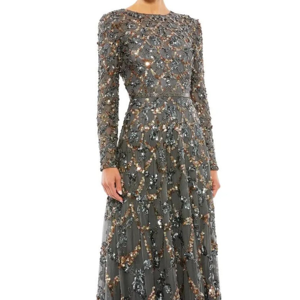 Mac Duggal Dark Grey Beaded Sequin Long Sleeve A-Line Gown